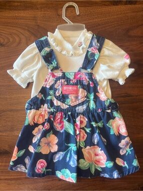 Vintage OshKosh B'gosh Navy Floral Overall Dress Set w/ White Ruffle Top 12 Mos
